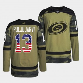 Military Appreciation Jesse Puljujarvi Carolina Hurricanes Camo #13 Warmup Jersey 2023